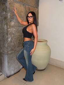 Women's Fashion Casual Denim Flare Jeans, Button Detail Design, Long Mid-Stretch Fabric, Creating A Fashionable Denim Girl Look - Blue - View 3