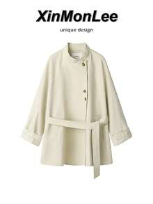 Premium Contrast Lace Cuff Stand Collar Trench Coat With Buttons, Korean-British Style, College Vacation Casual, Spring/Autumn - Apricot - View 1