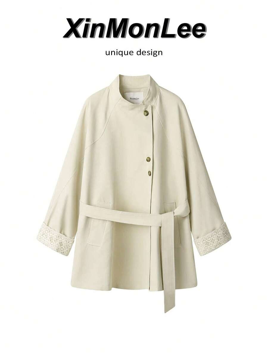Premium Contrast Lace Cuff Stand Collar Trench Coat With Buttons, Korean-British Style, College Vacation Casual, Spring/Autumn - Apricot - View 1