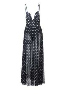 Autumn Black Polka Dot V-Neck Spaghetti Strap Elegant Dress, Suitable For Date, Party, Vacation, Beach - Black - View 6