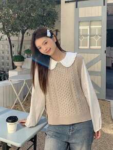 Women's Sleeveless Round Neck Ribbed Knit Sweater Vest, Fashionable Retro Style, Regular Fit Basic Layering Top - Khaki - View 6