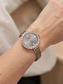 Swarovski 1pc Rose Gold Tone Round Quartz Wrist Watch With Grey Rectangle Glass Rhinestone Bezel & Band, Elegant Women Watch For Daily Party - Grey - View 1