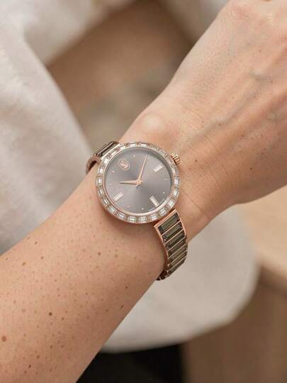 Swarovski 1pc Rose Gold Tone Round Quartz Wrist Watch With Grey Rectangle Glass Rhinestone Bezel & Band, Elegant Women Watch For Daily Party