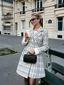 Women's Winter Tweed Mid-Length Coat, Faux Fur Cuffs, Double-Breasted Long Sleeve Woven Fabric - Black and White - View 2