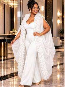 African Women Plus Size White Loose Fit Sheer Sash Ruffle Sleeveless Kaftan Cape With Drawstring Formal Occasion Party Outfits - White - View 5