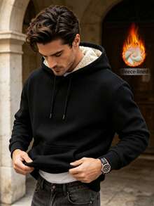 Men's Winter Solid Color Minimalist Casual Thermal Lined Warm Black Hooded Pullover Sweatshirt - Black - View 3