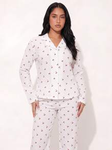 2pcs Women Loose Comfortable Breathable Long Sleeve Top + Long Pants Pajama Set, Cute Loungewear - White - View 6