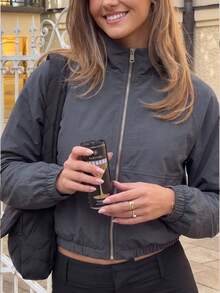 1pc Women's Solid Color Stand Collar Short Lightweight Windproof Jacket, Daily Commute Short Distance Windproof Outerwear, Suitable For Short Hiking - Dark Grey - View 2