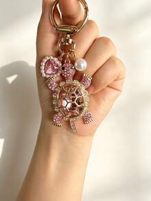 Full Rhinestone Cute Artificial Crystal Turtle Car Key Chain Creative Heart-Shaped Faux Pearl Car Key Ring Pendant Key Accessory Car Key Home Key Ring Decorative Pendant - A - View 4