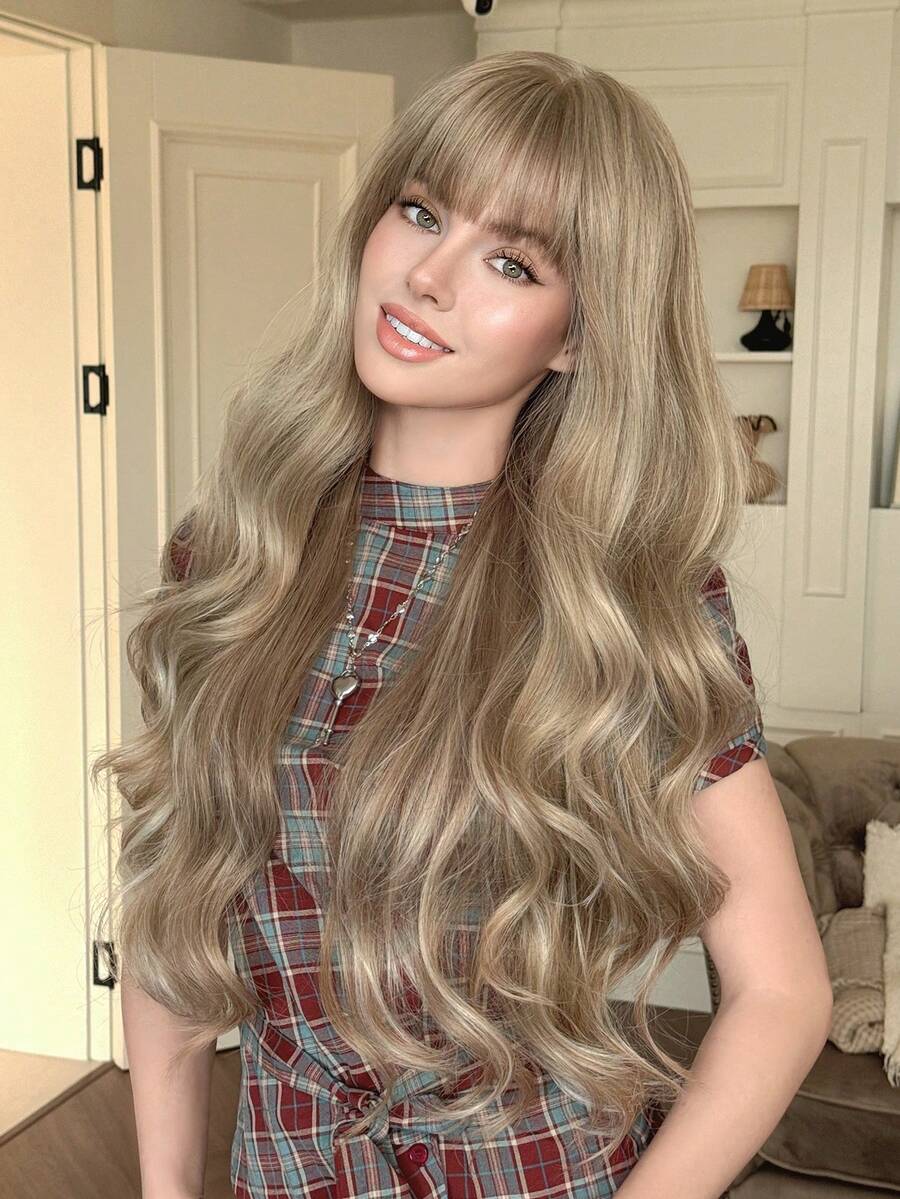 NAMM Linen Blonde Highlight Wigs Extra Long Body Wave Wig With Bangs, Elegant Heat-Resistant Fiber Synthetic Wavy Curly Wigs For Daily Wear, New Style, Party Cosplay Use 30 Inch ( Brown Highlight ) - Multicolor - View 1