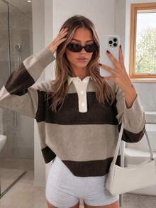 Plus Size Women's Multi-Color Long Sleeve Half-Button Knit Cardigan, Suitable For Autumn/Winter - Multicolor - View 2