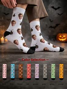 1 Pair Customized Face Photo Men's Halloween Socks, Birthday, Valentine's Day Gift, Halloween Prank Gadget, Colorful Cartoon Print, Combines Personality And Fun, Suitable For Daily Wear, Home, Commuting - Multicolor - View 6
