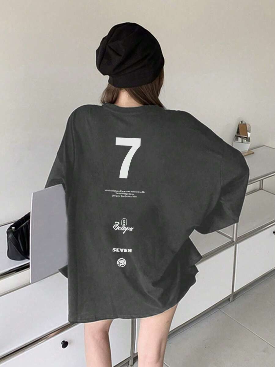 Kaos Lengan Panjang Wanita Gaya Musim Gugur/Dingin, Longgar, Minimalis, Serbaguna dengan Motif Huruf - Dark Grey - View 1