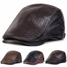 1pc Men's Patchwork PU Leather Adjustable Beret Hat, Outdoor Casual Cap For Spring/Autumn Travel, Beach, Party - Multicolor - View 8