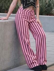 Women's Casual Pink Striped Denim Jeans, Long Straight Leg Pants - Pink - View 6
