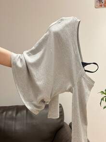 Korean Style Slouchy Solid Color Long Sleeve T-Shirt Women Single-Side Ruched Waist Slim Fit Cropped Top Autumn Inner Wear - Light Grey - View 4