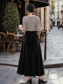 Rok A-Line Beludru Elegan Wanita, Musim Gugur/Dingin Hitam - Hitam - View 2