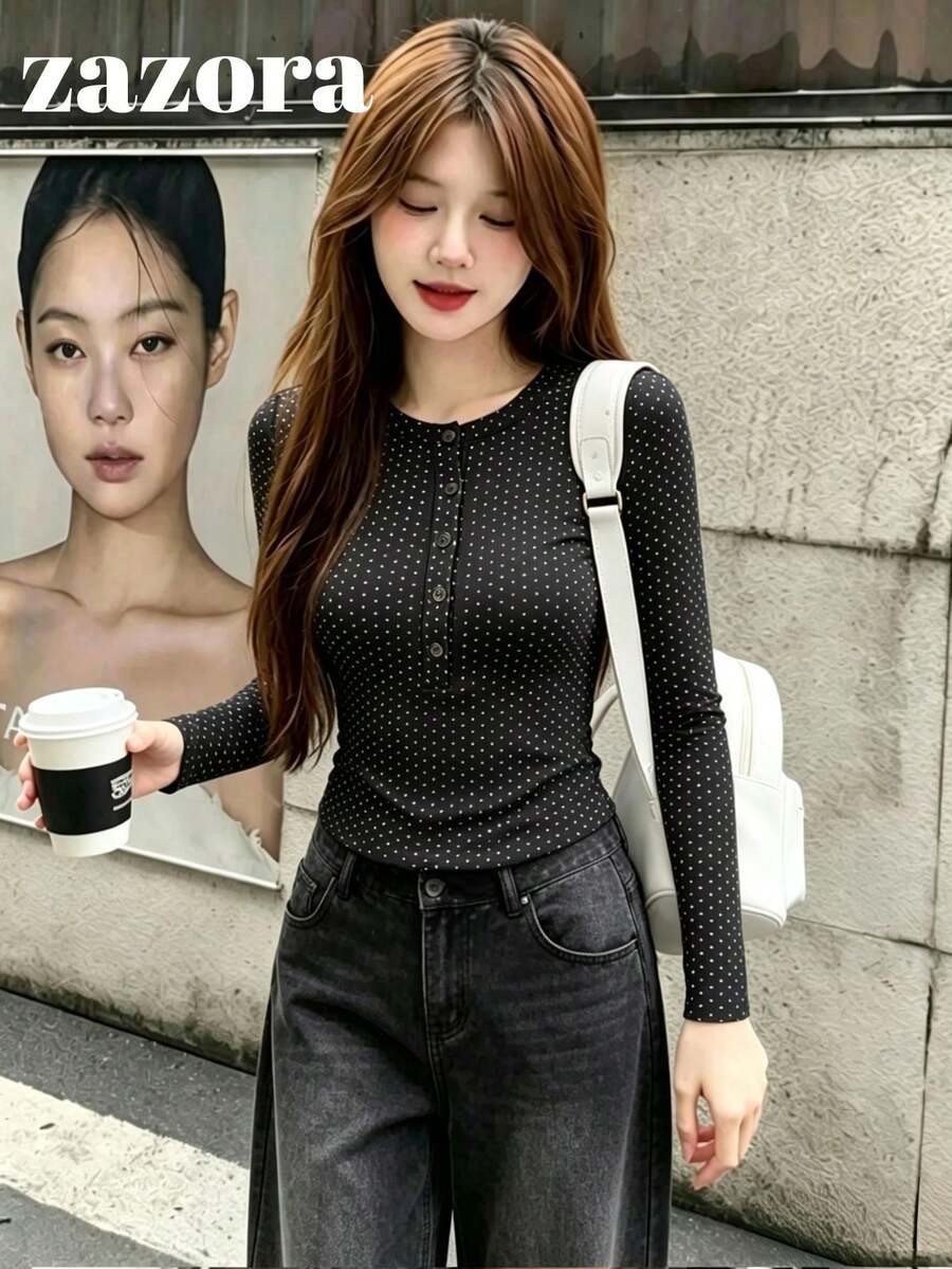 Korean Style Polka Dot Henley Collar Long Sleeve Slim Fit Flattering Casual T-Shirt - Black - View 1