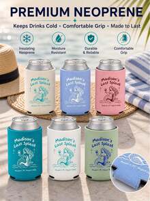 Personalized Neoprene Can Cooler, Custom Text Collapsible Insulated Can Sleeve, Mermaid Line Art Drink Holder For Beach And Pool Parties, Last Splash Celebrations And Bachelorette Party Favors - Multicolor - View 6