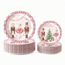 10/20/50pcs Macaron Pink Argyle Nutcracker Christmas Disposable Paper Plates, 7 Inch And 9 Inch, Cute Mouse King Sugar Plum Fairy Nutcracker Soldier Dinner Plates, Pink Nutcracker Theme Party Table Decor, Christmas Family Dinner - Multicolor - View 1