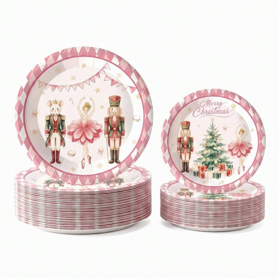 10/20/50pcs Macaron Pink Argyle Nutcracker Christmas Disposable Paper Plates, 7 Inch And 9 Inch, Cute Mouse King Sugar Plum Fairy Nutcracker Soldier Dinner Plates, Pink Nutcracker Theme Party Table Decor, Christmas Family Dinner - Multicolor - View 1