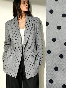 Women's Grey Base Black Polka‑Dot Boxy Blazer, Lapel Single‑Button Design, Wide‑Shoulder Loose Fit, Blazer With Flap Pockets - Grey - View 3