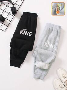2pcs/Set Young Boy Casual Letter Print Solid Color Thermal Lined Jogger Pants, Autumn/Winter 2025 - Multicolor - View 10