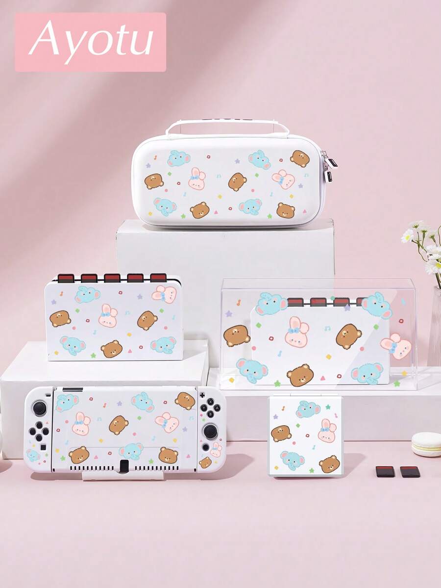 Ayotu Compatible With Switch/Switch OLED/Switch Lite Cartoon Bear & Elephant & Music Note Pattern Game Console Shell And Accessories, Package Includes Protective Case, Storage Bag, Dock Shell, Controller Protective Cover And Other Multiple Style Accessories To Choose From, Winter Romance, Christmas/Easter/Birthday/Anniversary Gift.