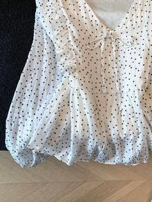 Polka Dot Chiffon V-Neck Bowknot Ruffle Slimming Doll Blouse - White - View 5