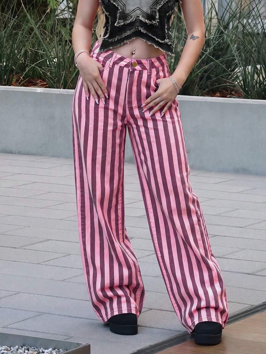 Women's Casual Pink Striped Denim Jeans, Long Straight Leg Pants - Pink - View 1