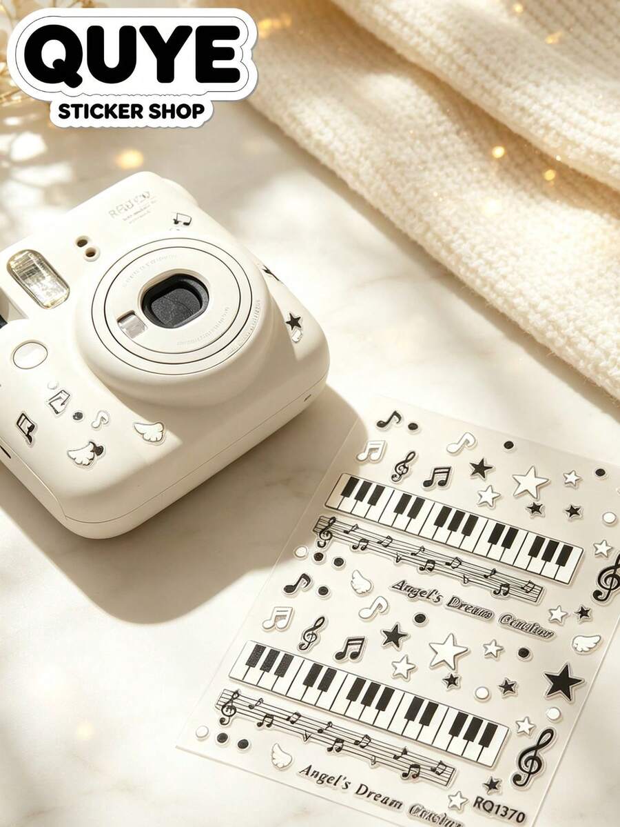 1 Set, Sticker, Retro Musical Theme, Ins Minimalist Style, Black And White Tone, Piano Key, Music Note, Star And Wing Motif, Surface Decoration, For Personal Item Embellishment, Daily Decorative Use - RQ1370 - View 1