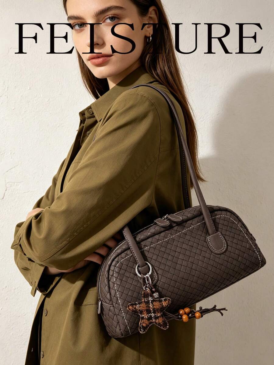 FEISTURE 1件新款秋冬女款腋下包，復古吊飾保齡球肩背包，適合女孩、女性、大學生、職場新人及白領通勤上下班與上學