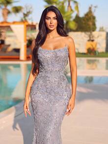 Elegant Women's Strapless Sequin Mermaid Formal Long Dress, Suitable For Ball And Evening Party, Charming Sleeveless Design With Zipper Detail - Dusty Purple - View 3