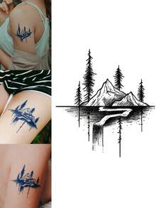 Herbal Juice Semi-Permanent Magic Tattoo Sticker, Minimalist Landscape Forest Scenery Pattern, Long-Lasting 14 Days, No Fading, Non-Reflective, Temporary Tattoo Sticker For Arm, Leg, Body, 1pc/Pack - Blue - View 1