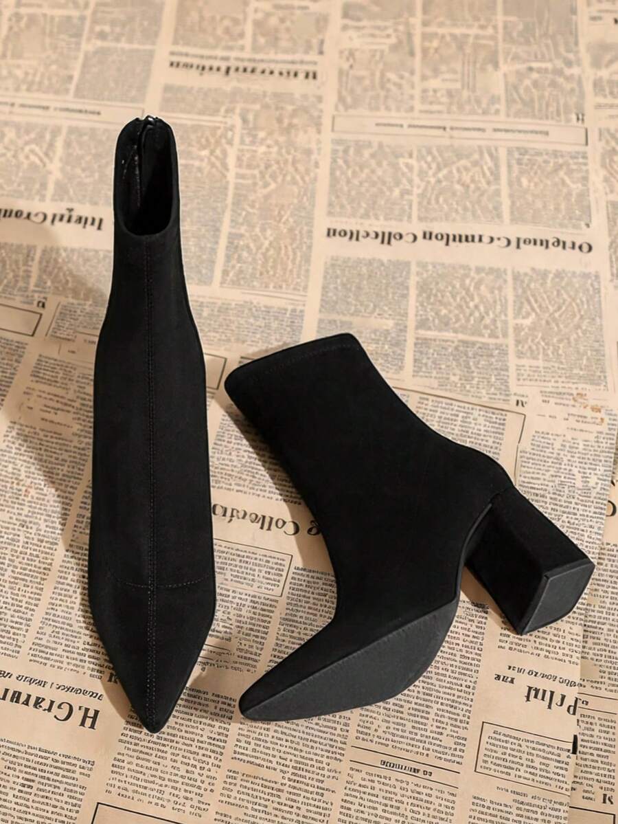 Women's Fashion Elegant Pointed Toe Thick Heel Faux Suede Ankle Boots, Versatile Slim Design Back Zipper Boots For Party, Business, Wedding - Black - View 1