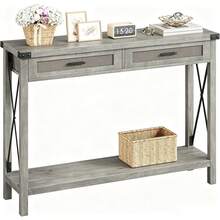 Mesa Consola Para Entrada,Mesa Consola Bohemia De 43 Pulgadas Con Cajones De Ratán,Mesa De Entrada o Sofá De Madera Con Almacenamiento, Diseño Decorativo Para Sala, Pasillo o Recibidor, Estilo Rústico - Gris - Ver 9