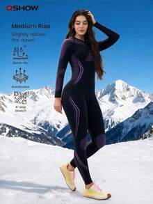 Women's Autumn/Winter Colorblock Elastic Warm Long Sleeve Top & Pants Ski Suit - Black - View 5