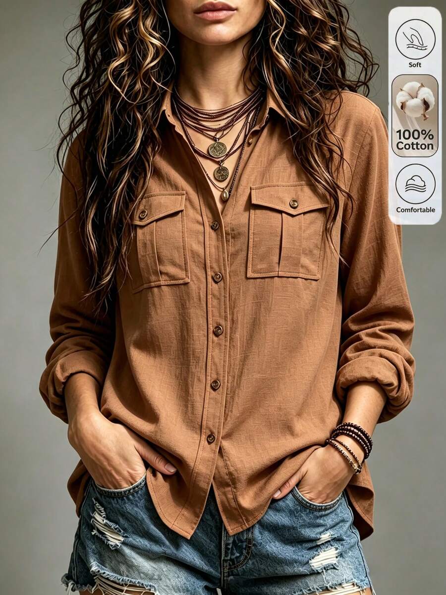 Coffee Brown Solid Color Long Sleeve Single Breasted Casual Utility Pocket Shirt Cotton Feel Comfortable Blouse Daily Wear Commute - Coffee Brown - View 1