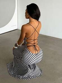 Autumn Leopard Print Backless Spaghetti Strap Dress Women Elegant Party Date Dress - Black and White - View 5