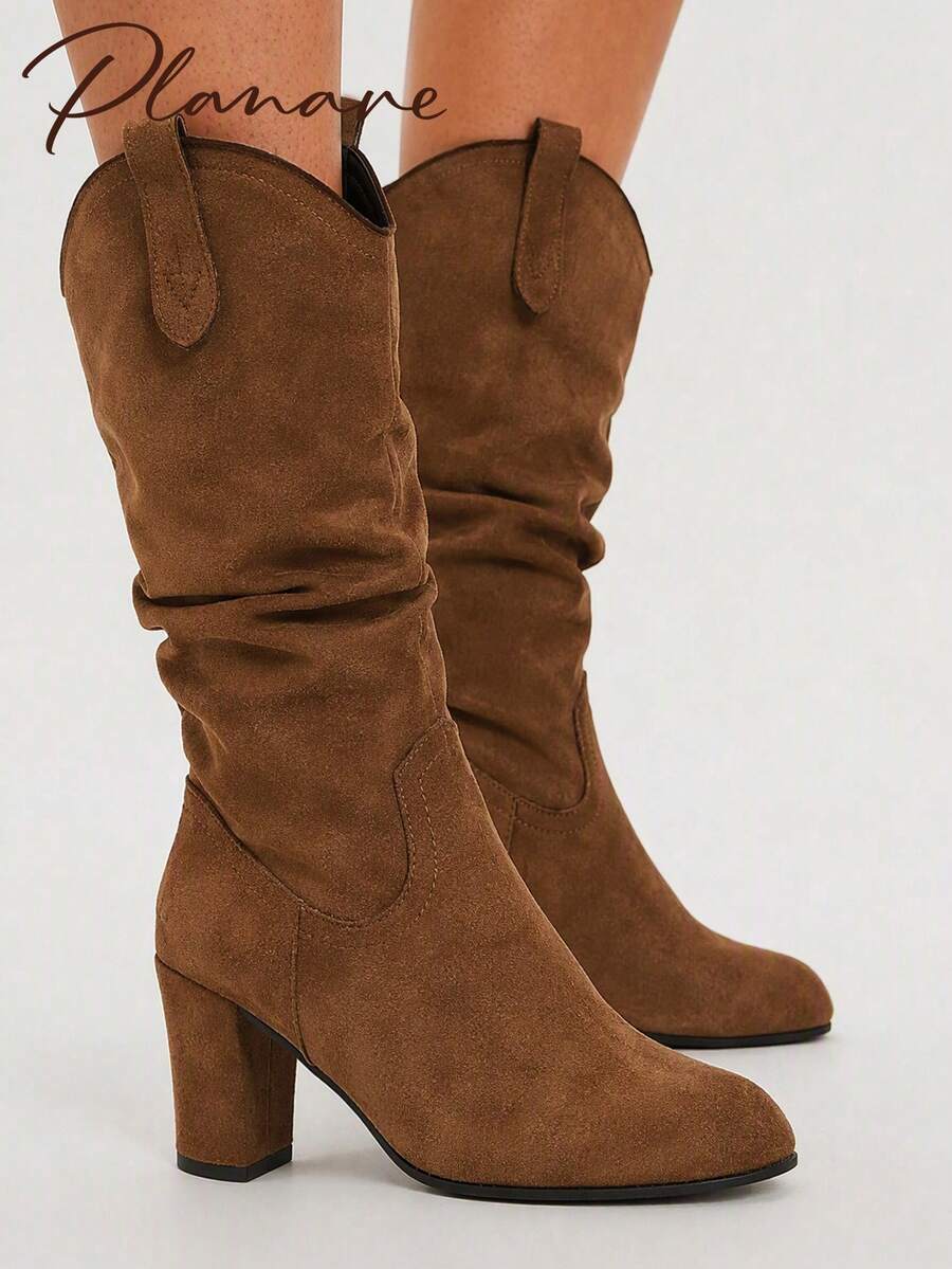 Women's Fashion Brown Suede Ruched Mid-Calf Boots, Slip-On Round Toe Chunky Heel Boots, Autumn Wrinkled Boots, Slouchy High Heel Long Boots