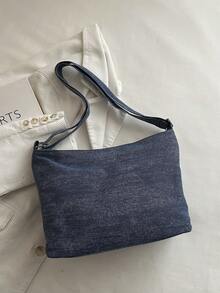 1 buah Tas Bahu Wanita Kanvas Warna Polos dengan Banyak Kantong dan Dekorasi - Biru - View 5