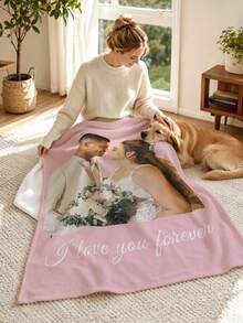1pc Pink Minimalist Wedding Photo Customized Blanket, Add Photo And Confession Text Flannel Blanket, Wedding Room Decor Autumn/Winter Thickened Memorial Gift Nap Blanket - Multicolor - View 4