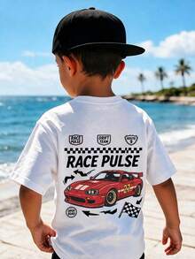 Baby Boy Racing Car Print T-Shirt, Baby Boy Casual Short Sleeve Crew Neck T-Shirt - White - View 2