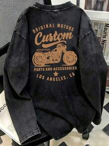 Women's Customized Motorcycle Print Washed Black Long Sleeve Pure Cotton T-Shirt, Vintage Grunge Style Crew Neck Top - Black - View 2