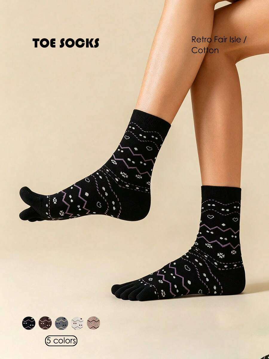 1/5 Pairs Women's Pure Cotton Fair Isle Anti-Odor Five-Toe Mid-Calf Socks, Wavy Retro Pattern Split-Toe Casual Socks, Ideal Choice For Autumn/Winter - Multicolor - View 1