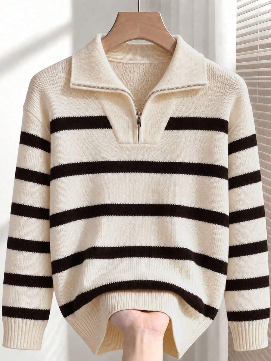 1pc Boys' Teenagers Simple Versatile Street Outdoor Daily Campus Style Sporty Colorblock Pullover Zip-Up Turn Collar Long Sleeve Sweater - White - View 1