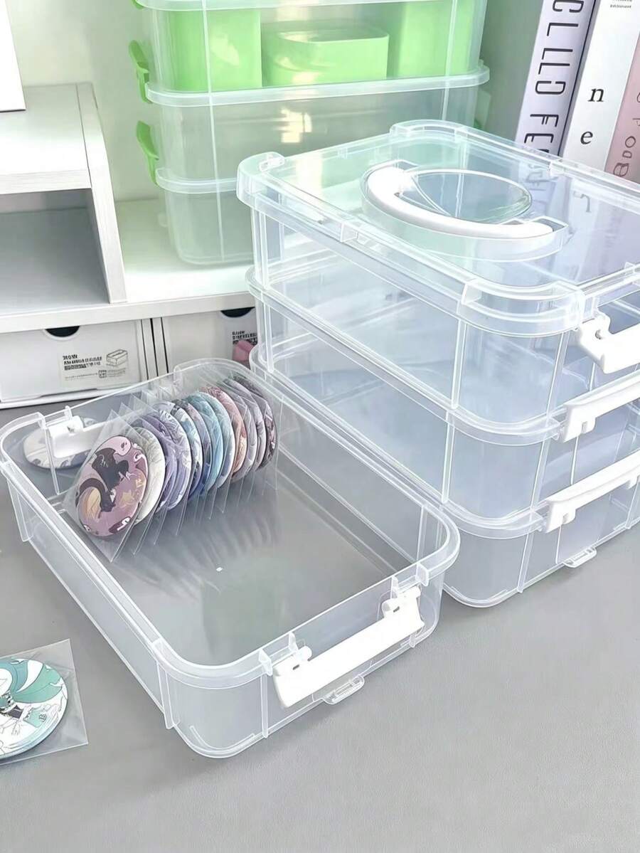 One 3/1-Layer Clear Plastic Storage Box With Snap Stackable Design And Portable Handle For Stationery, Cosmetics, Tools, Multi-Function Storage Box Set For Various Storage Scenarios - Multicolor - View 1