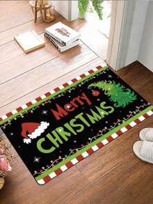 1pc Red And White Striped Christmas Hat And Christmas Tree Design Welcome Mat - Non-Slip, Machine Washable, Suitable For Entrance Door, Bathroom, Kitchen, Bedroom, Laundr - Green - View 6