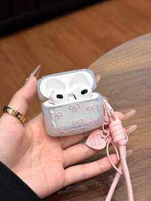 1pc Y2K Bowknot Minimalist Fashion Cute 3D Full Coverage Protective Case + Bowknot Heart Pendant Bluetooth Earphone Protective Cover - Clear - View 3