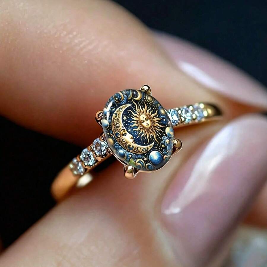 1 buah Cincin Zirkonia Matahari & Bulan Vintage Desain Minimalis Kreatif dan Personal, Cocok untuk Pemakaian Sehari-hari - Emas - View 1